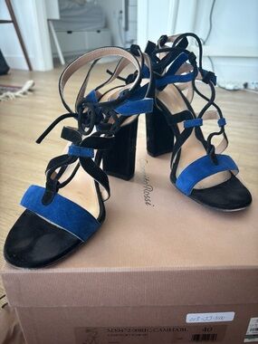 Gianvito Rossi Black and Blue Suede Lace-Up Block Heel Sandals